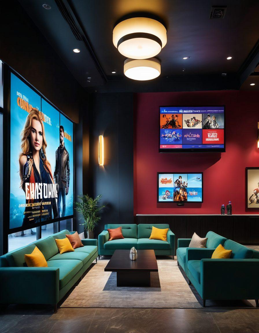A sleek cinema lobby featuring a digital display board showing upcoming movie schedules, with people excitedly discussing films. Include posters of popular movies in the background and plush seating areas. Emphasize bright lighting and a modern aesthetic to create an inviting atmosphere. super-realistic. vibrant colors. 3D.