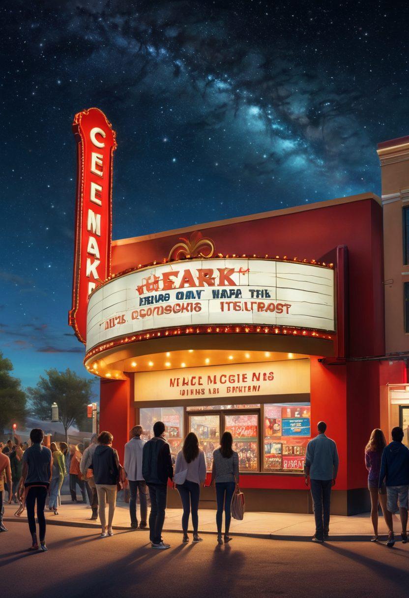 A whimsical cinema scene featuring a grand, illuminated movie theater marquee with 'Cinemark' written in flashy lights. The foreground shows a diverse group of excited moviegoers holding popcorn and tickets, all gazing up in anticipation. The background showcases vibrant movie posters and a starry night sky, evoking a sense of magic and adventure. The atmosphere is lively and inviting. super-realistic. vibrant colors. cinematic style.