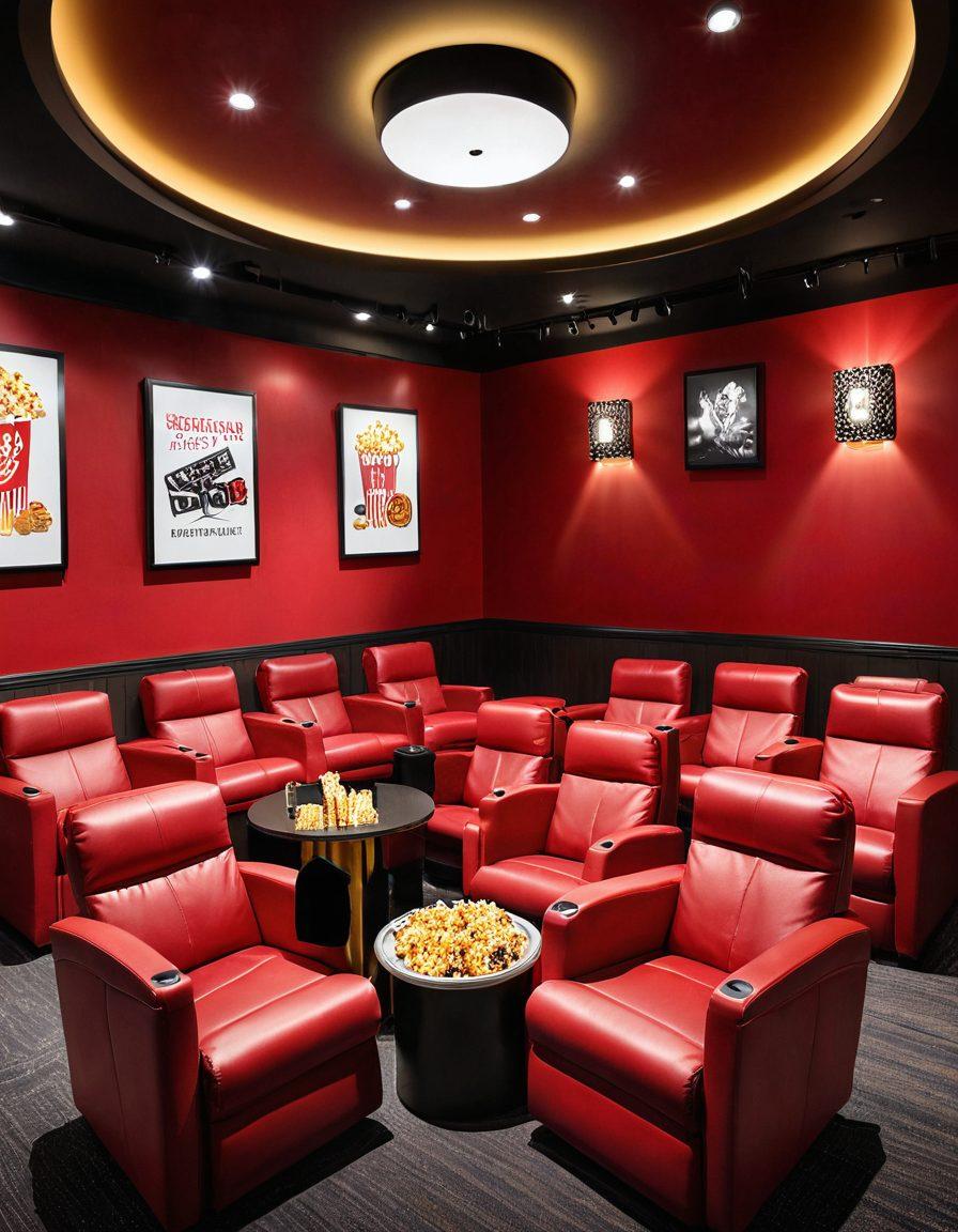 A vibrant cinema scene showcasing a luxury VIP seating area with plush recliners and splashes of cinematic glam, while a nearby counter displays an array of fresh snacks like popcorn, nachos, and candy. A joyful family enjoys their treats, capturing the excitement of a movie outing, with a cinematic backdrop of film reels and bright lights. super-realistic. vibrant colors. 3D.